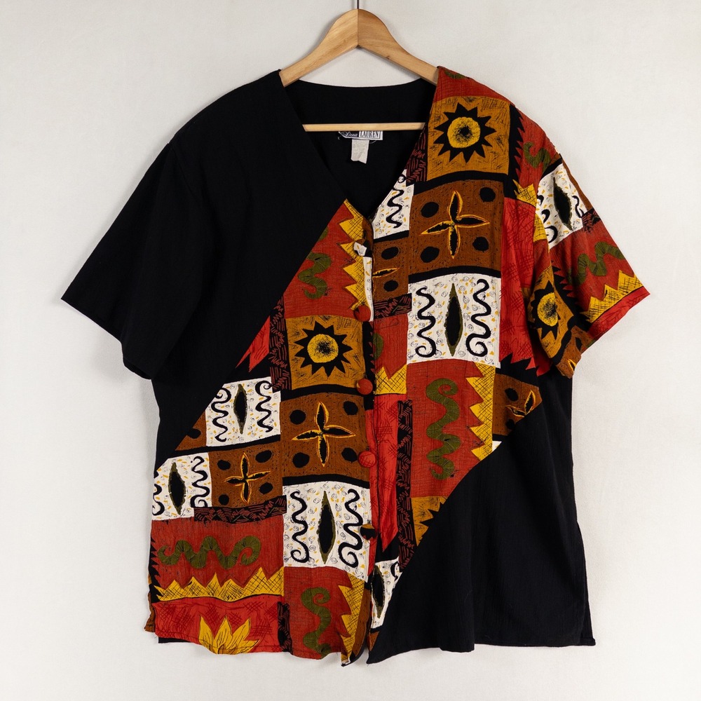 Dena Lauren Shirt Blouse 1X Black Multicolor Button Up Abstract Vintage Artsy
